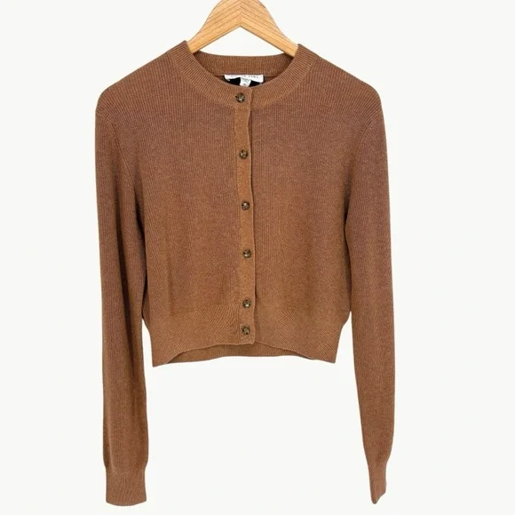 NWT Amour Vert Lily Rib-Knit Cropped Cardigan Sweater | Sz Medium | Camel Tan - Picture 2 of 13